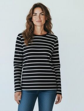 Lauren Ralph Lauren NWOT Black & Cream Striped Long Sleeve Tee With Gold Zipper